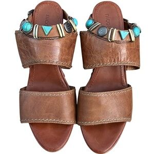 Nicole by Nicole Miller Leather Wedge Sandals Turquoise Studs 8M